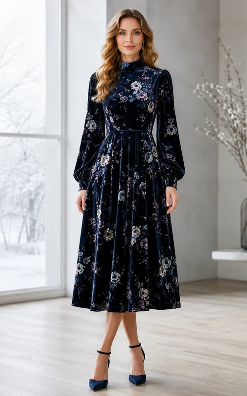 Vestido midi de corte A con cuello alto y mangas largas de terciopelo azul marino con estampado floral