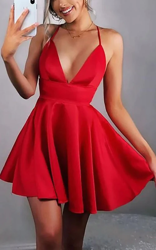 Sexy rotes kurzes Cocktailkleid mit Spaghettiträgern, tiefem Ausschnitt und Empire-A-Linie