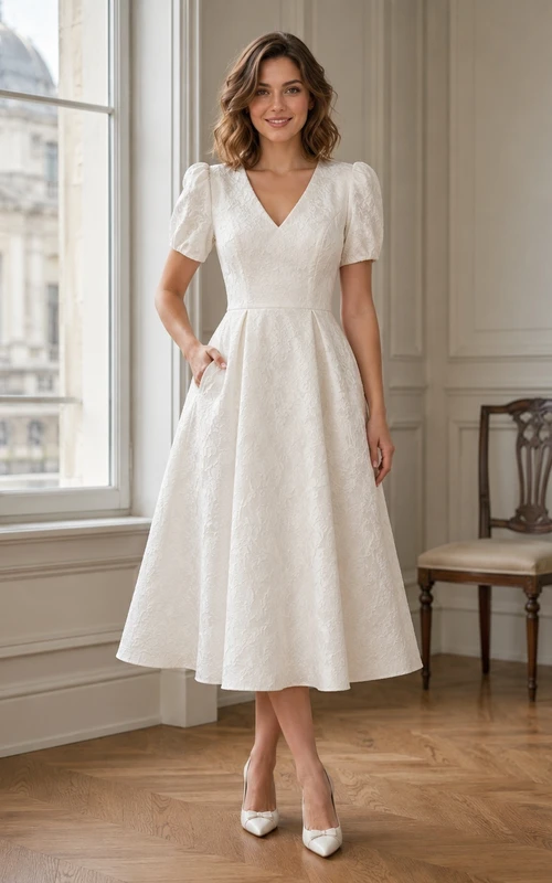 Courthouse Spitzen-Brautkleid mit kurzen Ärmeln, V-Ausschnitt, Vintage-Stil, schlichter A-Linien-Schnitt, Teelänge