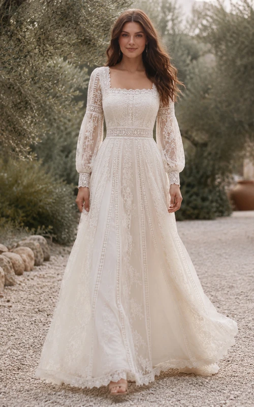 Boho Square Neck Long Poet Sleeve Lace A-Line Floor-Length Wedding Dress