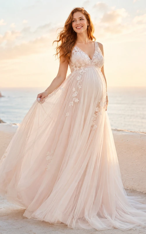 Robe de mariée de maternité rose poudré à col en V, bretelles en dentelle, tulle et coupe trapèze