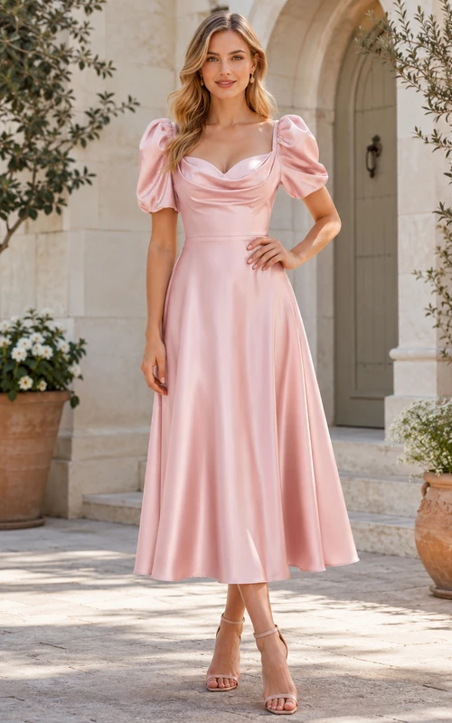 Blush Puff Sleeve Satin Midi Occasion Dress