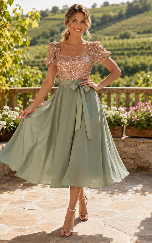 Vestido formal moderno de gasa color verde salvia con lentejuelas y corte en A hasta la rodilla