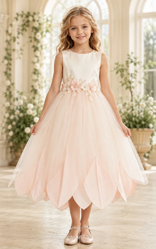 Blush Petal Hem Flower Girl Gown with Sleeveless Tulle A-Line, Floral Waist Applique, Sculpted Skirt, and Tea-Length Finish