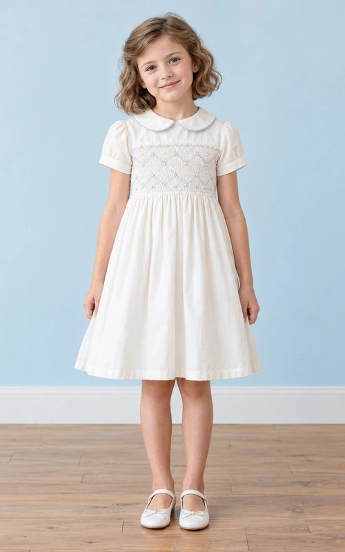 Robe de demoiselle d'honneur blanche simple et modeste, arrivant au genou, à col Claudine orné d'un passepoil bleu, manches courtes, smocks en losanges et fermeture boutonnée au dos.