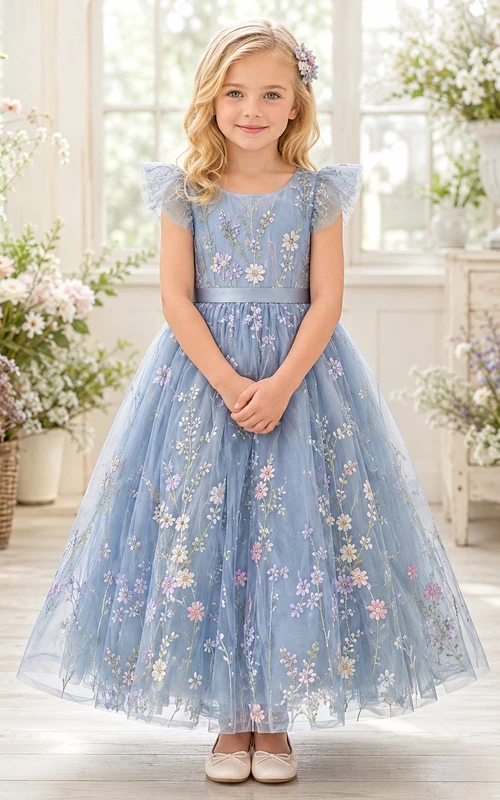 Sky Blue Romantic Floral Embroidery Tulle Flower Girl Tea-Length Petal Sleeve Garden Dress