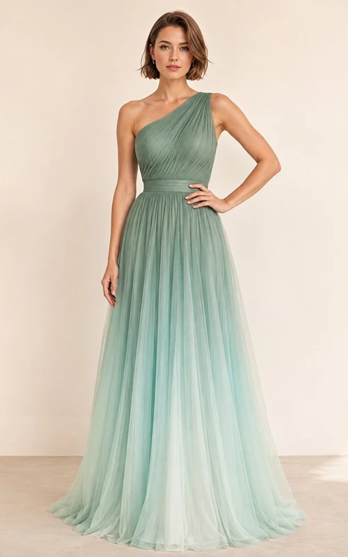 Mint Aqua Gradient Spaghetti Strap Tulle A-Line Prom Gown
