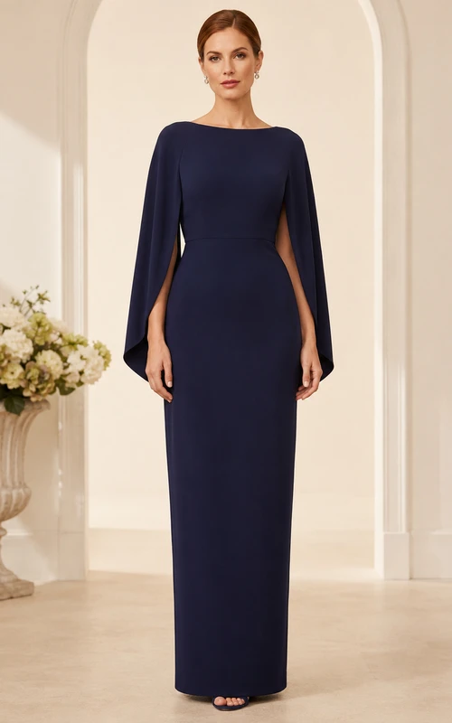 Navy Long Sleeve Jewel Neck Floor Length Modest Formal Dress