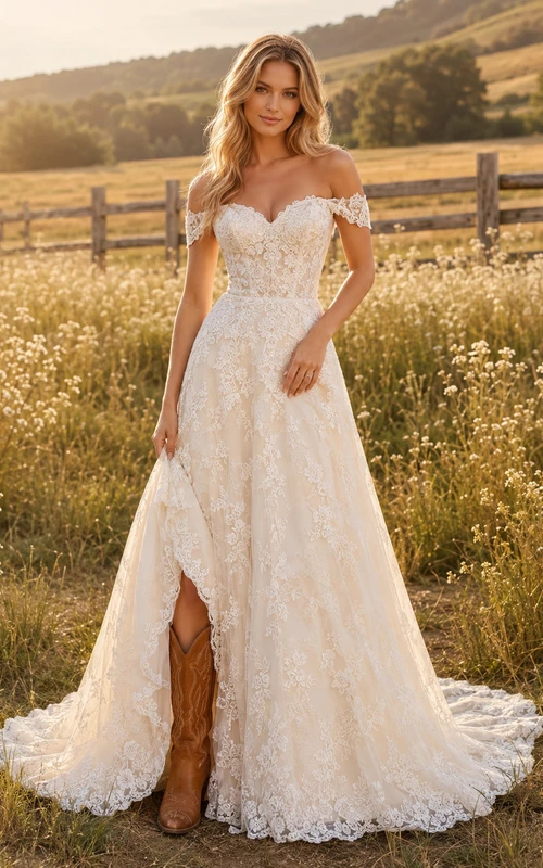 Robe de mariée de maternité en dentelle et tulle, épaules dénudées, manches papillon et traîne courte