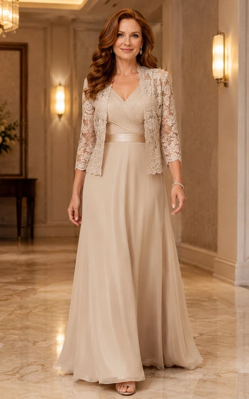 Elegant Champagne Lace Jacket V-Neck Chiffon A-Line Floor-Length Mother Gown