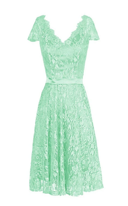 Cap-sleeve V-neck Lace Short Dress With Satin Band