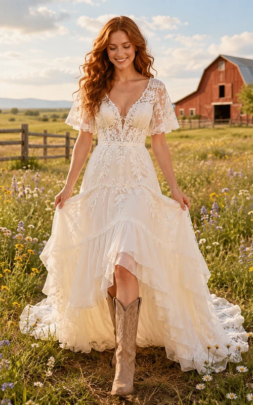 Robe de mariée de maternité à col montant, manches courtes, en dentelle et tulle, style jardin, dos illusion