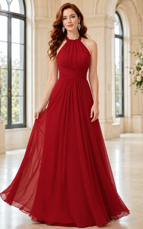 Red halter neck chiffon A line charity gala gown