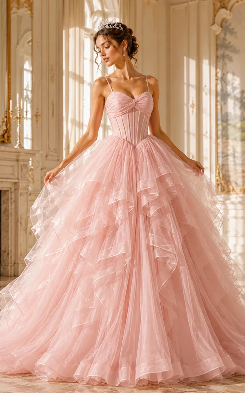 Vestido de fiesta de tul en rosa rubor, tirantes finos, vestido de gala largo hasta el suelo con escote corazón, capas y volantes.
