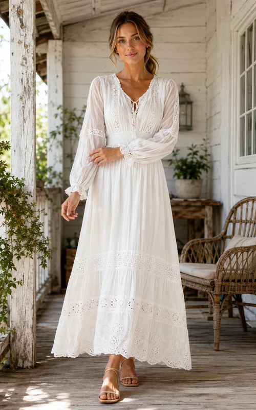 White Lace V-Neck Long-Sleeve Empire Bohemian Floor-Length Dress