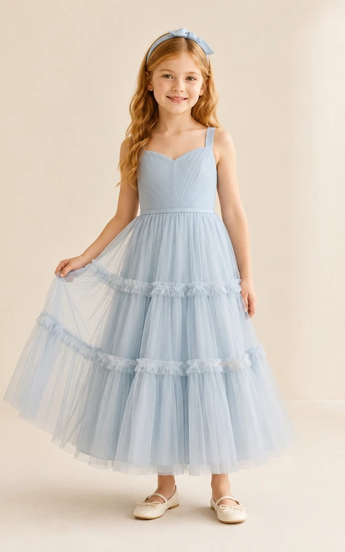 Blue Tiered Tulle A-Line Flower Girl Dress with Tea-Length Skirt and Tiered Skirt