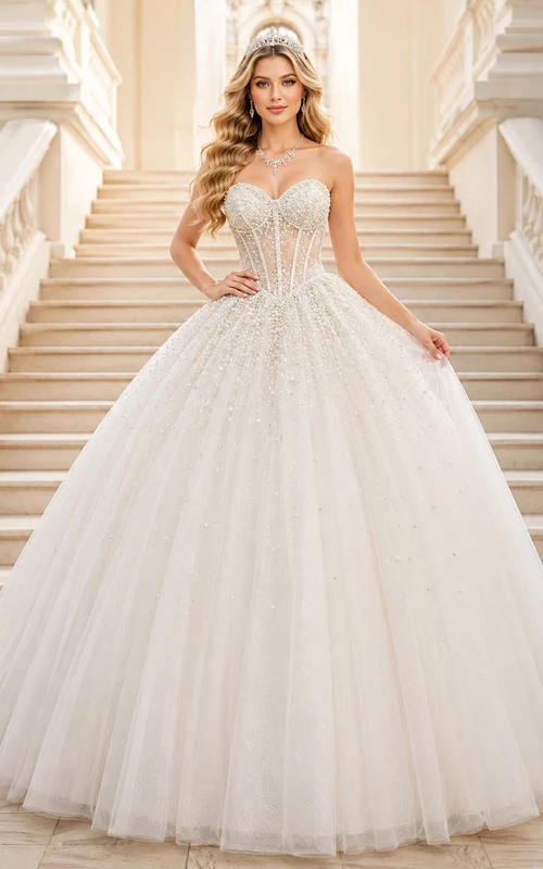 Vestido de fiesta formal de princesa de lujo color marfil, sin tirantes, con escote corazón, perlas y tul, ideal para quinceañeras.