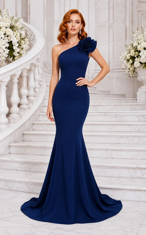 Dunkelblaues Meerjungfrauenkleid mit einem Träger und Rosette