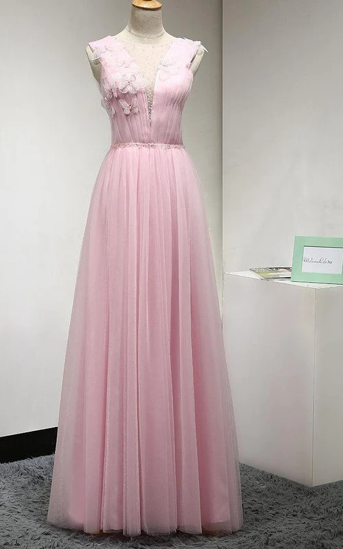 Illusion-Schmuckausschnitt, plissiertes A-Linien-Tüllkleid in Bodenlänge mit Blumen