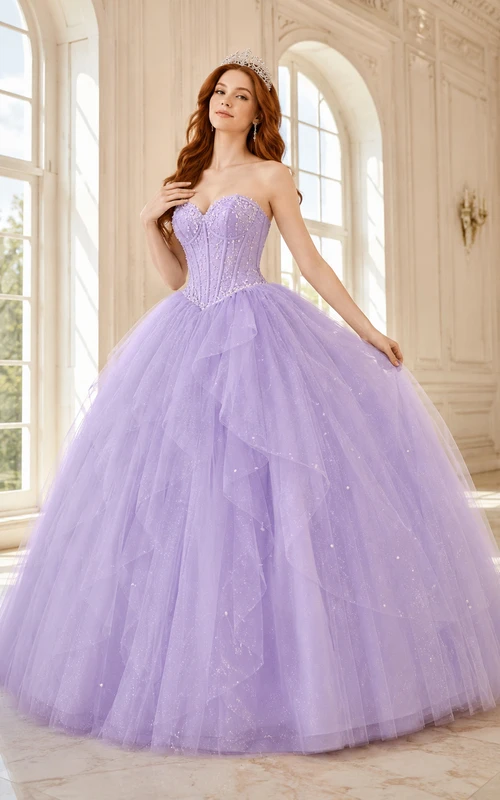 Vestido de fiesta formal de princesa de princesa, sin tirantes, con escote corazón y perlas, color lavanda, estilo princesa.