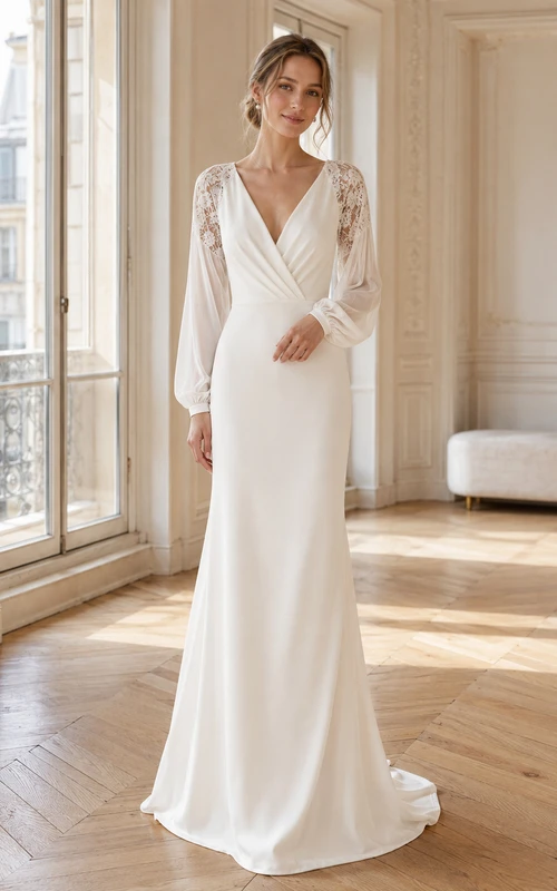 Robe de mariée de soirée raffinée en mousseline de soie et dentelle, décolleté en V profond, manches gigot, traîne et manches fleuries