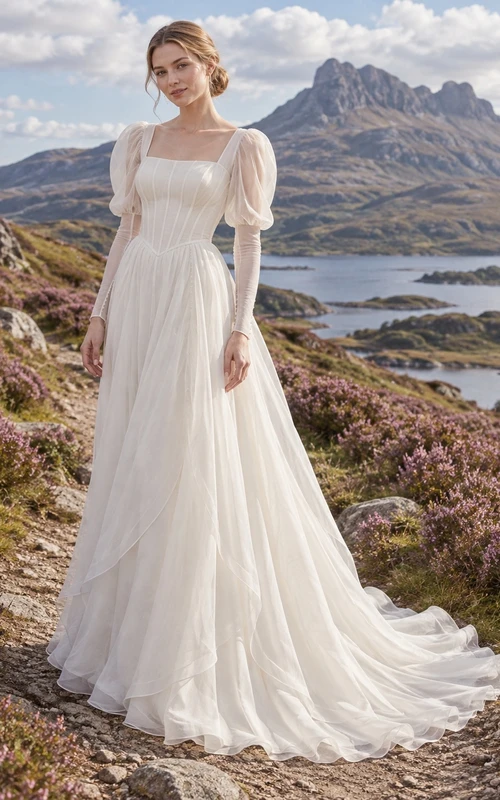 Vestido de novia vintage modesto de organza con escote cuadrado y manga larga, corte en A