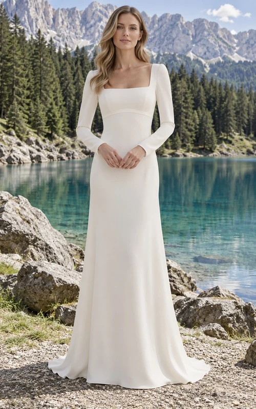 Vestido de novia sencillo de corte recto, cuello cuadrado, manga larga, crepé de China, cola larga