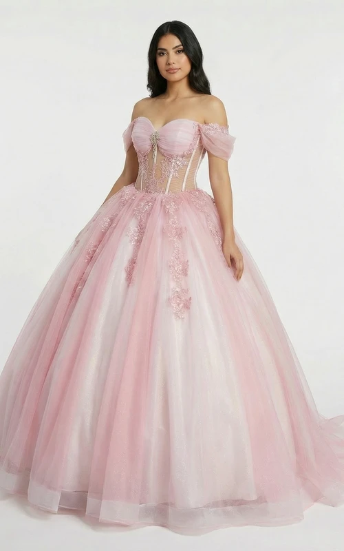 Zartrosa schulterfreies Quinceañera-Abendkleid mit Korsett und Tüllrock