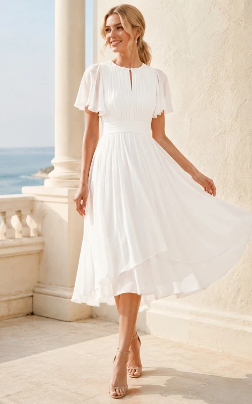 Modest White Jewel Neck Flutter Sleeve Chiffon A-Line Tea-Length Summer Dress