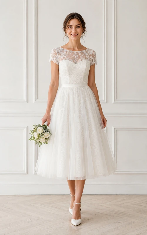 Vestido de novia de tul color marfil con encaje, mangas cortas y largo hasta la rodilla