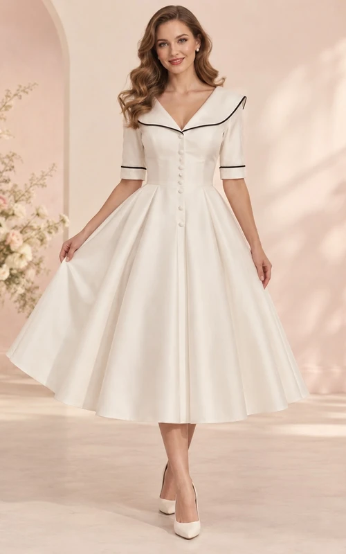 Vestido de novia vintage de corte A con cuello en V, ribete negro, mangas cortas, cuello marinero y botones delanteros, largo hasta la rodilla.