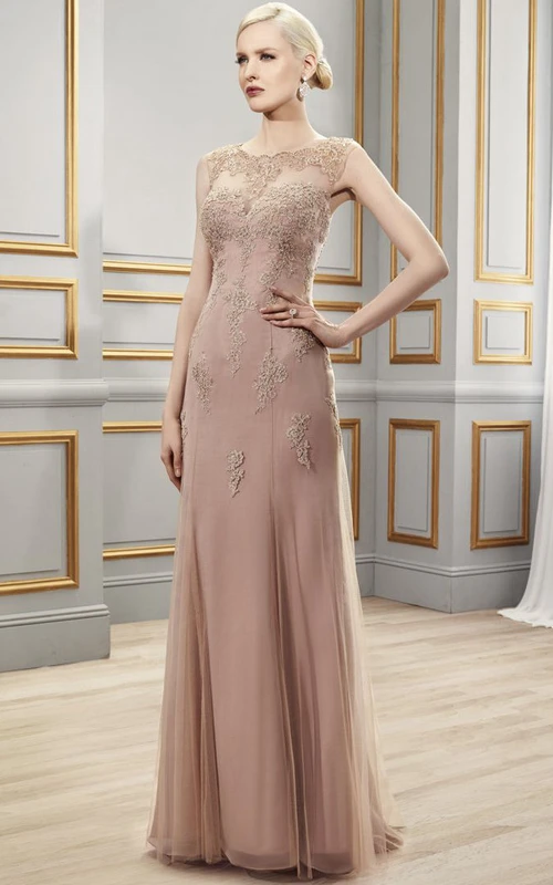 Sleeveless Appliqued Scoop Neck Tulle Formal Dress With Illusion Back
