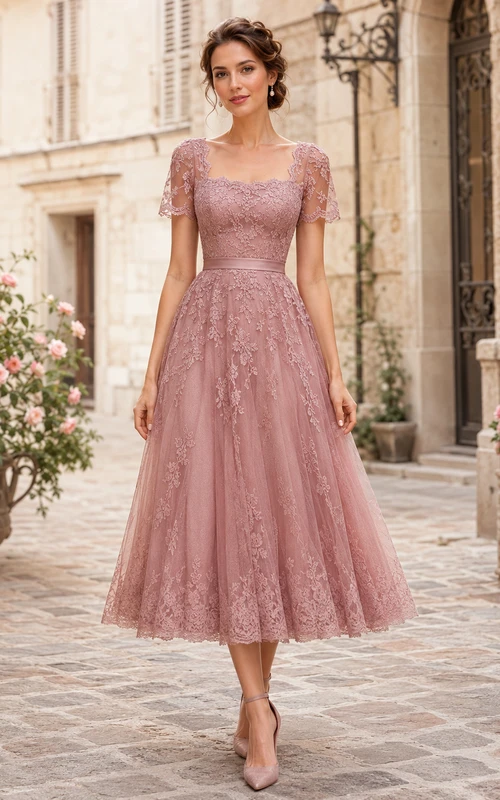 Dusty Rose Square Neck Cap Sleeve Lace A Line Tea Vintage Guest Dress