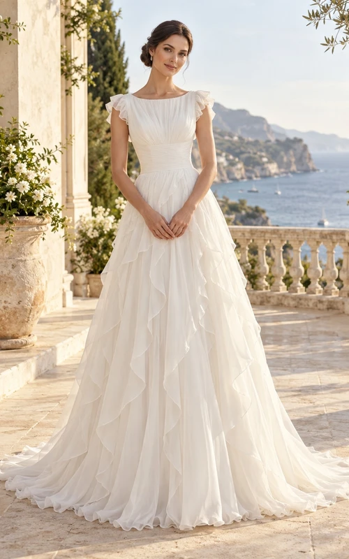Schlichtes Brautkleid aus Chiffon mit U-Boot-Ausschnitt, kurzen Ärmeln und fließenden Rüschen in A-Linie