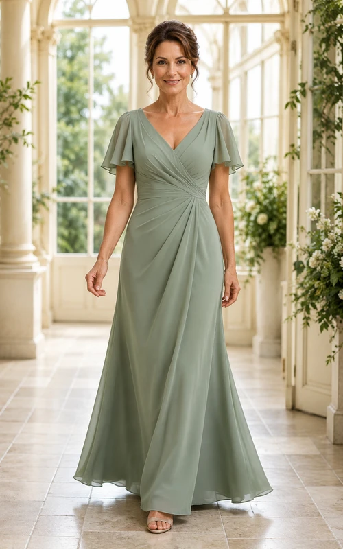 Salbeigrünes Chiffon-Kleid in A-Linie mit V-Ausschnitt für Mütter