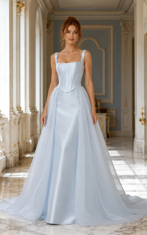 Robe de mariée bleu ciel en satin, col carré et corset, coupe trapèze