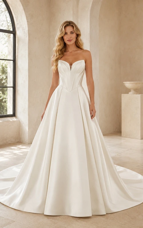 Vestido de novia sencillo sin tirantes, corte A, escote corazón y cola.