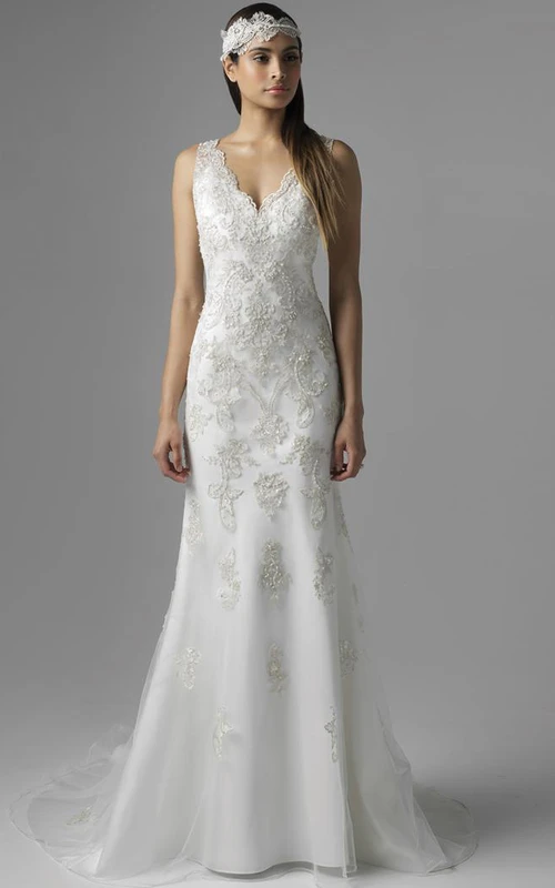 Sheath Floor-Length V-Neck Sleeveless Tulle&Satin Wedding Dress With Beading And Deep-V Back