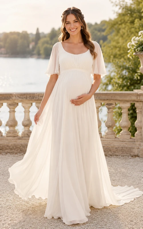 Simple Maternity Scoop Flutter Sleeve Chiffon Empire A-Line Sweep Wedding Gown
