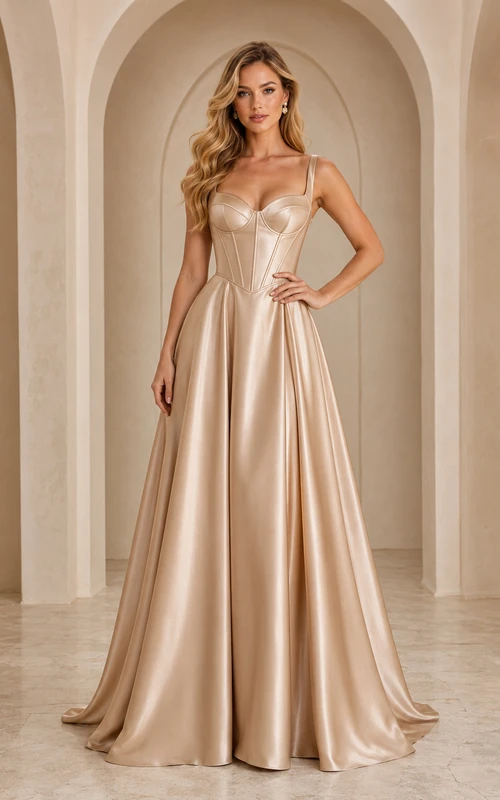 Abendkleid aus champagnerfarbenem Satin, A-Linie, Spaghettiträger, bodenlang