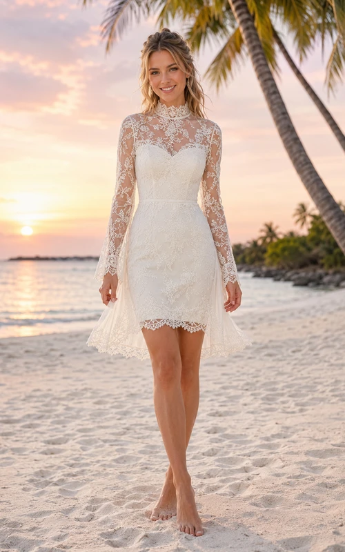 Robe de mariée courte de plage en dentelle à manches longues et dos illusion