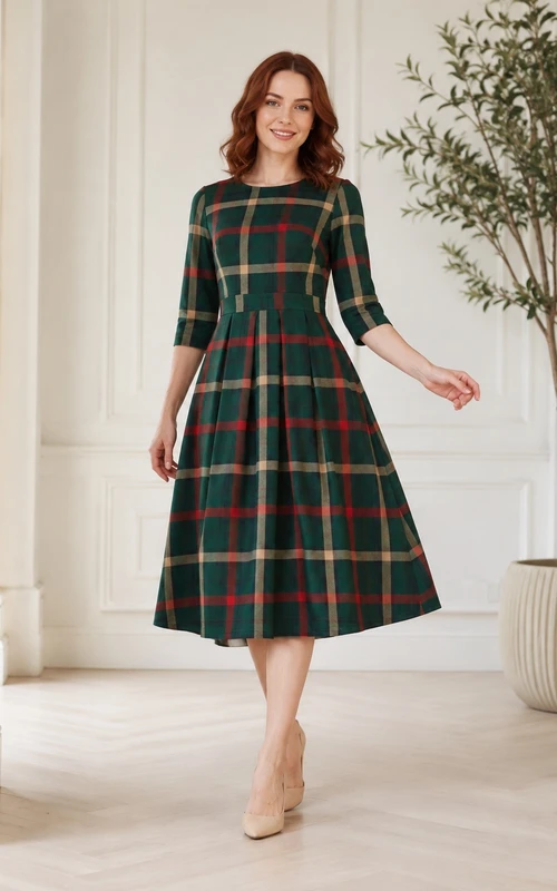 Vintage Plaid Jewel-Neck Three-Quarter-Sleeve A-Line Midi Dress