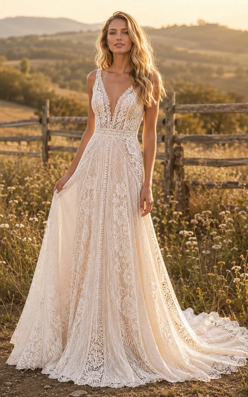 Robe de mariée champêtre en tulle et dentelle, coupe trapèze, bretelles spaghetti, traîne chapelle, dos nu en V