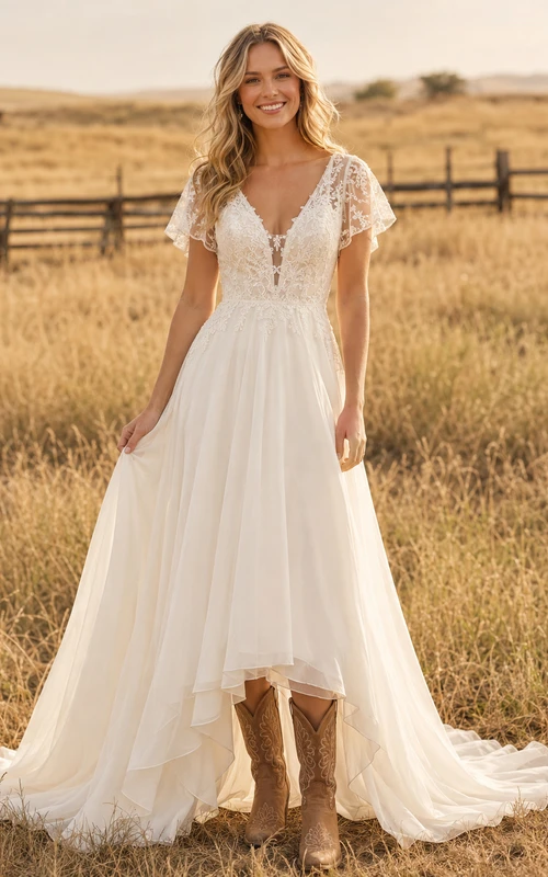 Country A-Line Wedding Dress with V-Neck Lace Bodice and Cap Sleeves Romantic Bohemian Tulle Short Sleeve