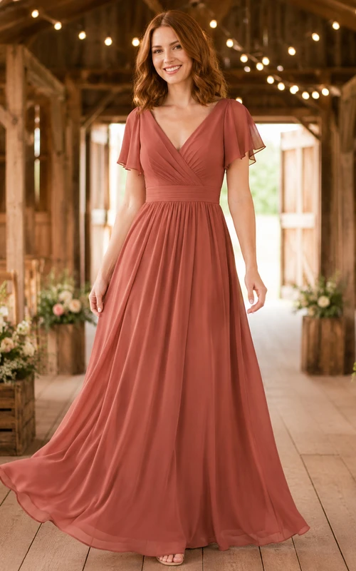 Terracotta Chiffon A-Line V-Neck Flutter Sleeve Pleated Low Back Floor-Length Bridesmaid Dress