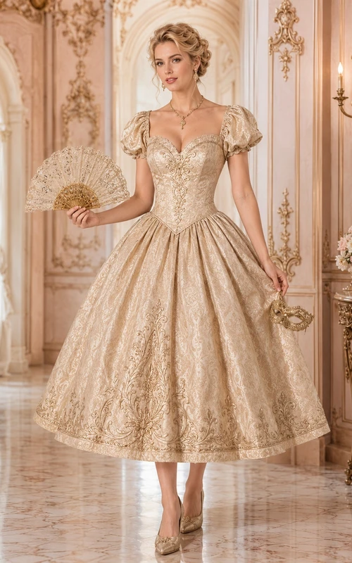 Vintage Champagne Puff Sleeve Tea-Length Ball Gown Embroidered Formal Dress