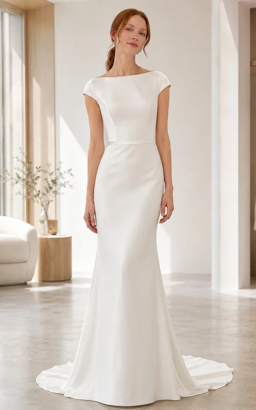 Minimalistisches Brautkleid aus Satin im Meerjungfrauenstil mit U-Boot-Ausschnitt, kurzen Ärmeln und Schleppe