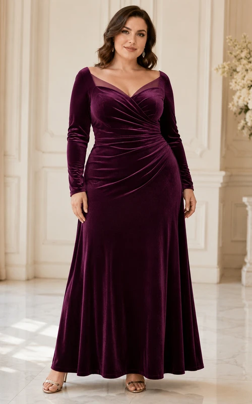 Vestido largo de terciopelo fruncido con escote en V y mangas largas, color ciruela, ideal para invitadas de tallas grandes.