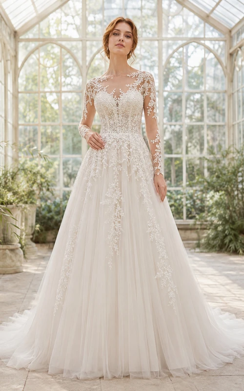 Robe de mariée romantique en dentelle, manches trois-quarts, coupe trapèze, taille naturelle, style chapelle