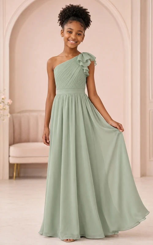 Vestido de dama de honor juvenil color verde celadón empolvado, corte en A, un solo hombro, manga corta, volantes, estilo romántico y formal.